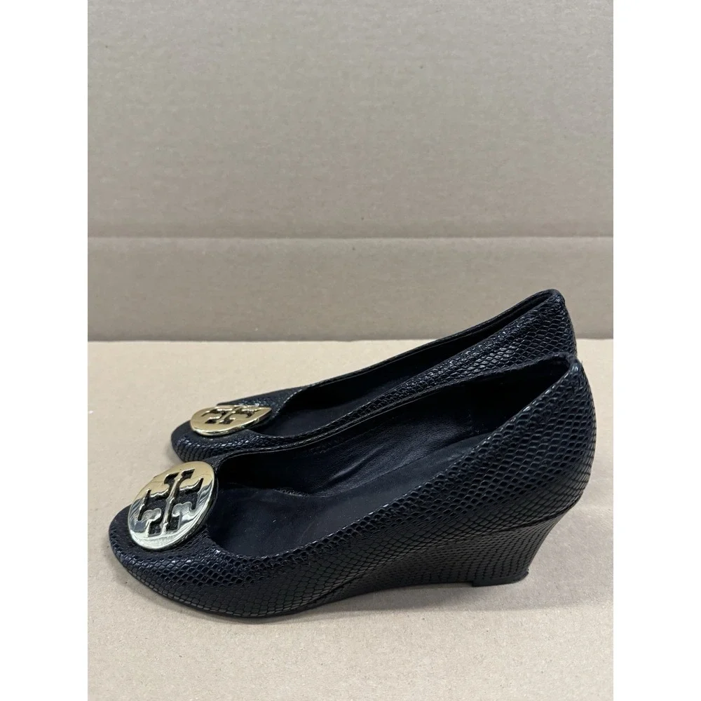 Tory Burch‎ Size 6M Black Textured Snake Leather Wedge Shoes Pumps